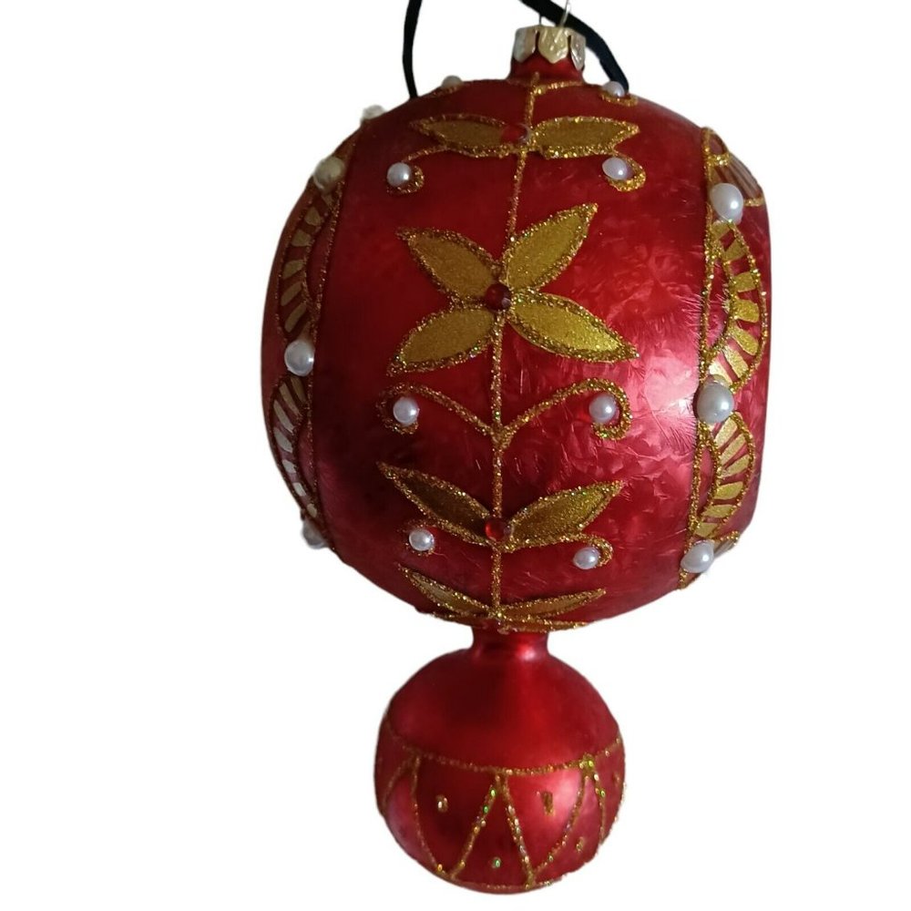 Vtg 2 Christmas Ornaments Indentd Facetd Blown Glass Red w/Gold Collectables - Picture 4 of 4